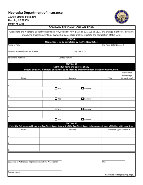 Company Personnel Change Form - Nebraska