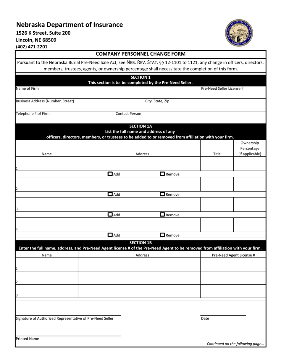 Company Personnel Change Form - Nebraska, Page 1