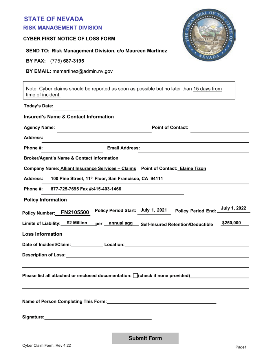 Cyber First Notice of Loss Form - Nevada, Page 1