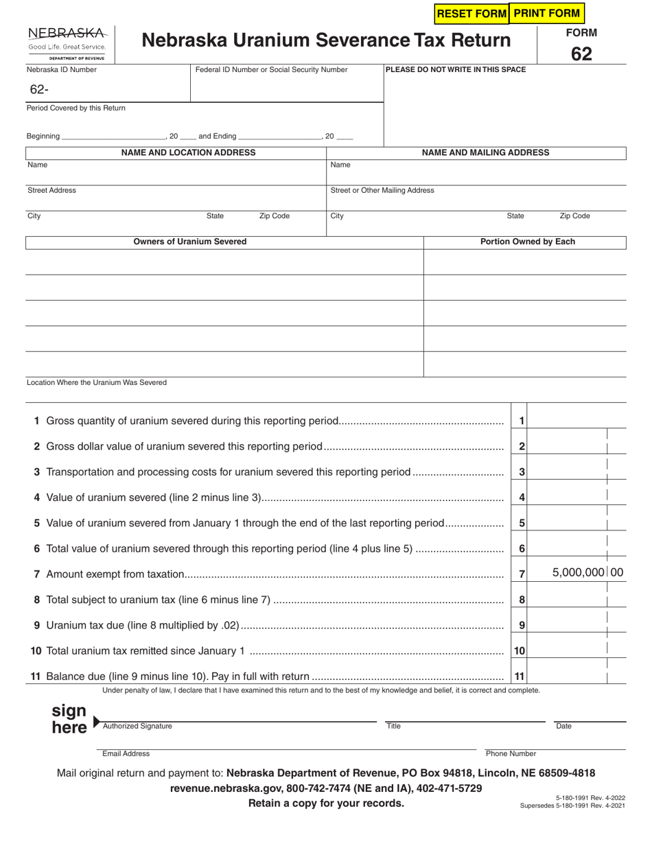 Form 62 Nebraska Uranium Severance Tax Return - Nebraska, Page 1