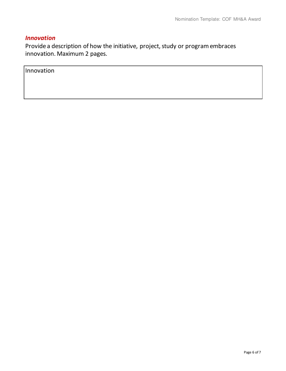 Council of the Federation Award for Innovation in Mental Health and Addictions Care Nomination Template - Prince Edward Island, Canada, Page 6