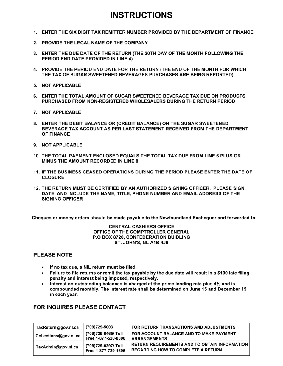 Form SR Sugar Sweetened Beverage Tax Retailer Return (Tax on Purchases) - Newfoundland and Labrador, Canada, Page 2