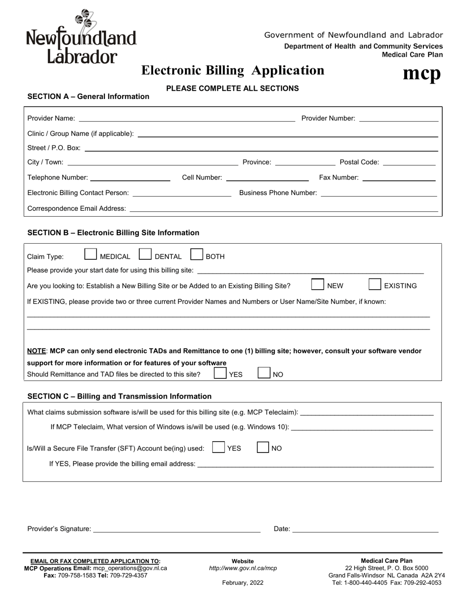 Electronic Billing Application - Medical Care Plan - Newfoundland and Labrador, Canada, Page 1