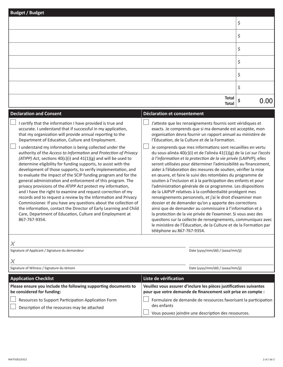 Form NWT9282 Application for Resources to Support Child Participation Funding - Northwest Territories, Canada (English / French), Page 2