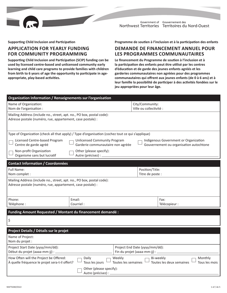 Form NWT9280 Application for Yearly Funding for Community Programming - Northwest Territories, Canada (English / French), Page 1