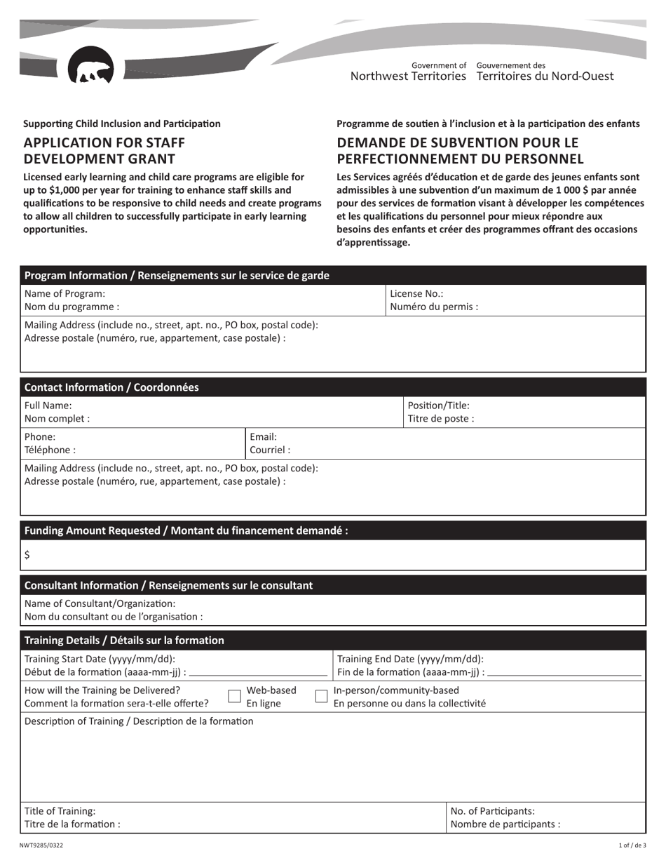 Form NWT9285 Application for Staff Development Grant - Northwest Territories, Canada (English / French), Page 1