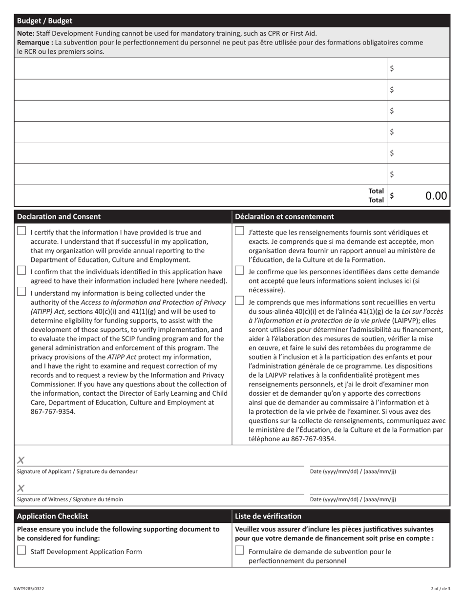 Form NWT9285 Application for Staff Development Grant - Northwest Territories, Canada (English / French), Page 2