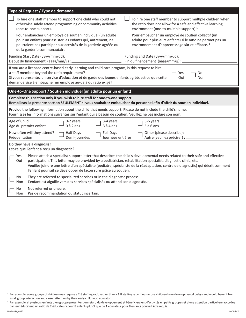 Form NWT9286 Application for Yearly Funding for Staff to Support Child Participation - Northwest Territories, Canada (English / French), Page 2