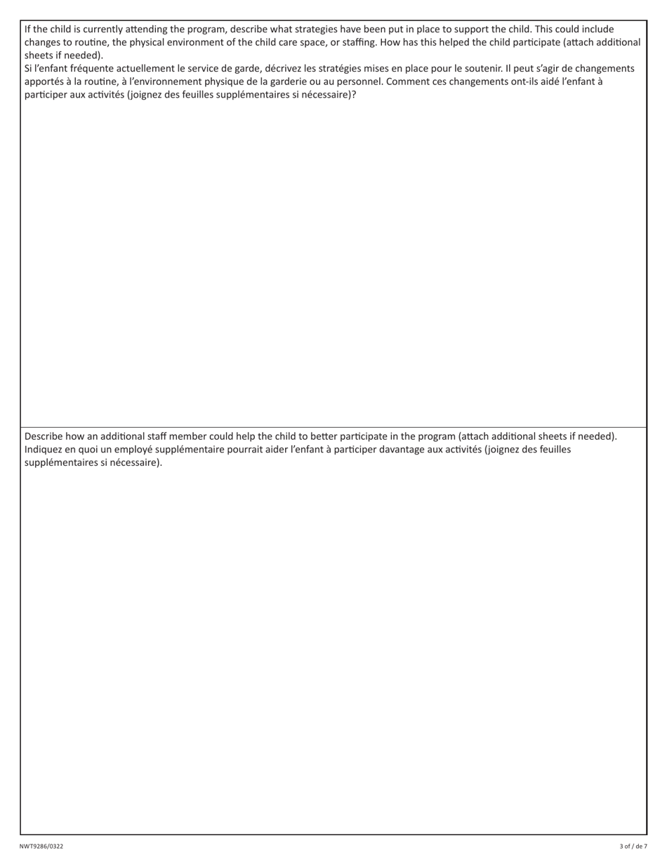 Form NWT9286 Application for Yearly Funding for Staff to Support Child Participation - Northwest Territories, Canada (English / French), Page 3