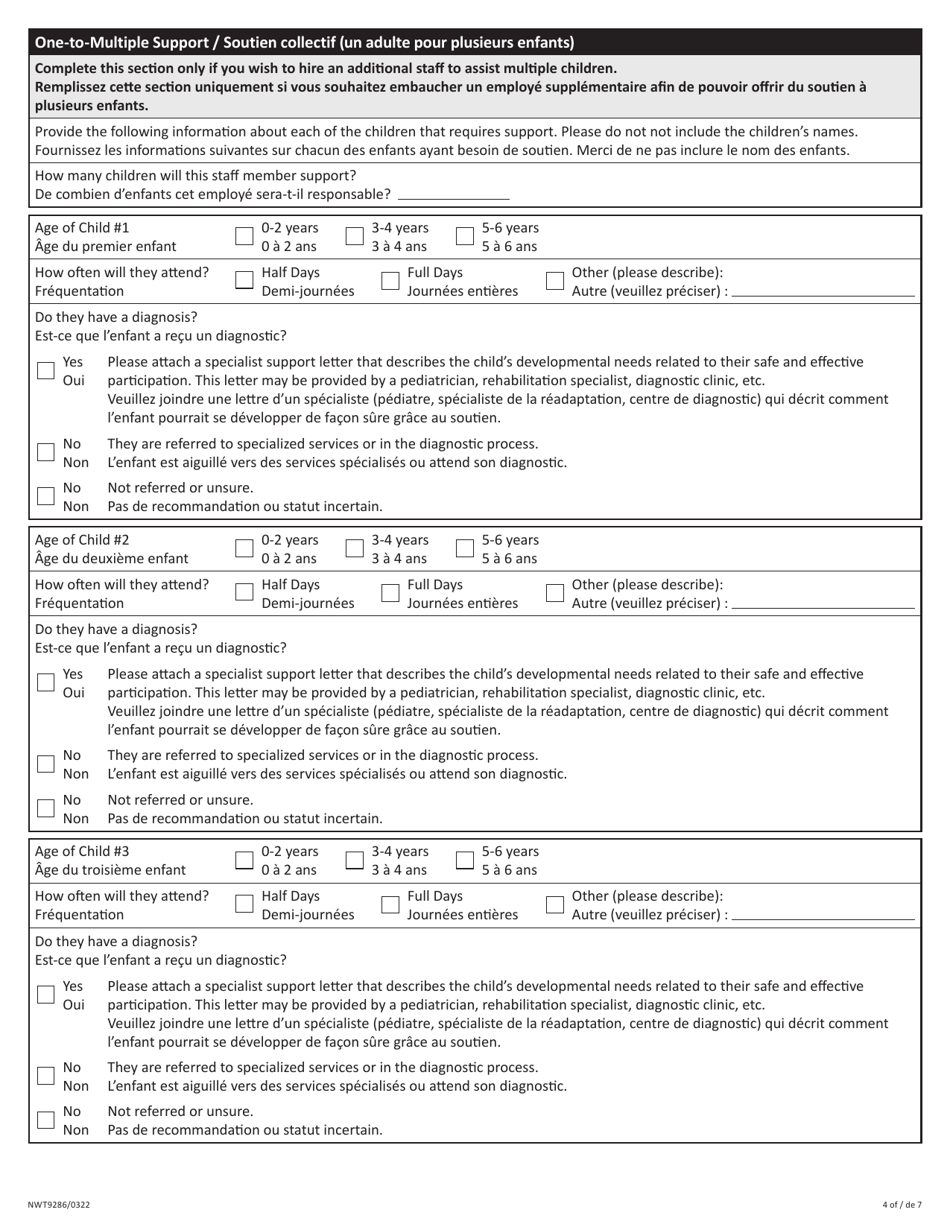 Form NWT9286 Application for Yearly Funding for Staff to Support Child Participation - Northwest Territories, Canada (English / French), Page 4
