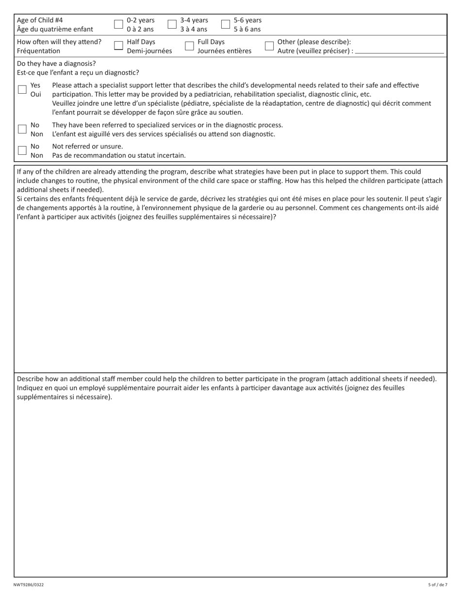Form NWT9286 Application for Yearly Funding for Staff to Support Child Participation - Northwest Territories, Canada (English / French), Page 5