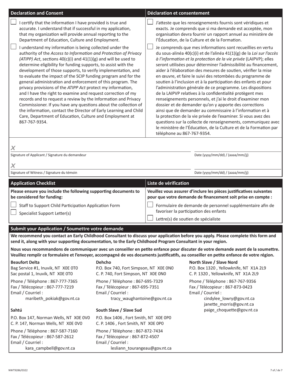 Form NWT9286 Application for Yearly Funding for Staff to Support Child Participation - Northwest Territories, Canada (English / French), Page 7
