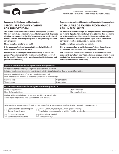 Form NWT9284 Specialist Recommendation for Support Form - Northwest Territories, Canada (English/French)