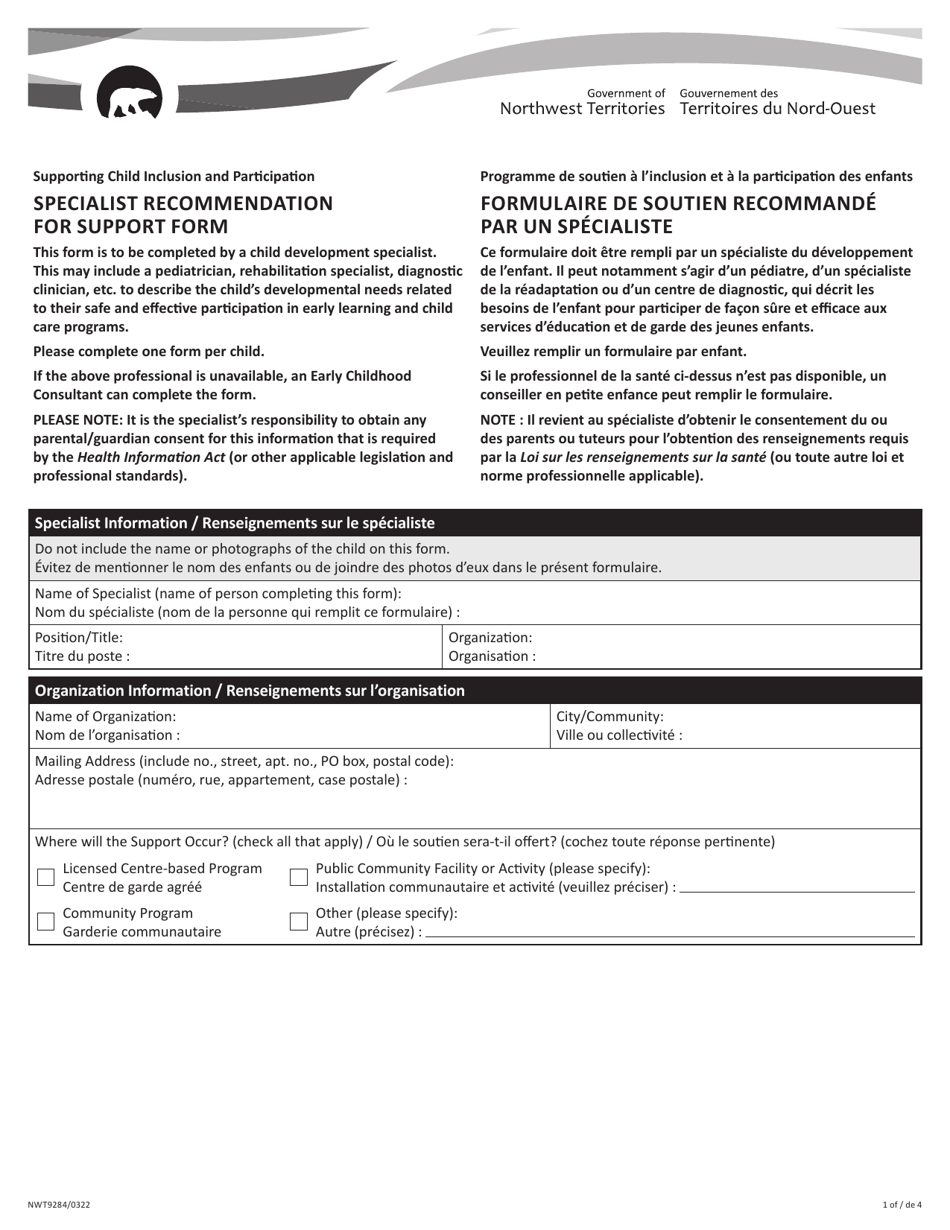 Form NWT9284 Specialist Recommendation for Support Form - Northwest Territories, Canada (English / French), Page 1