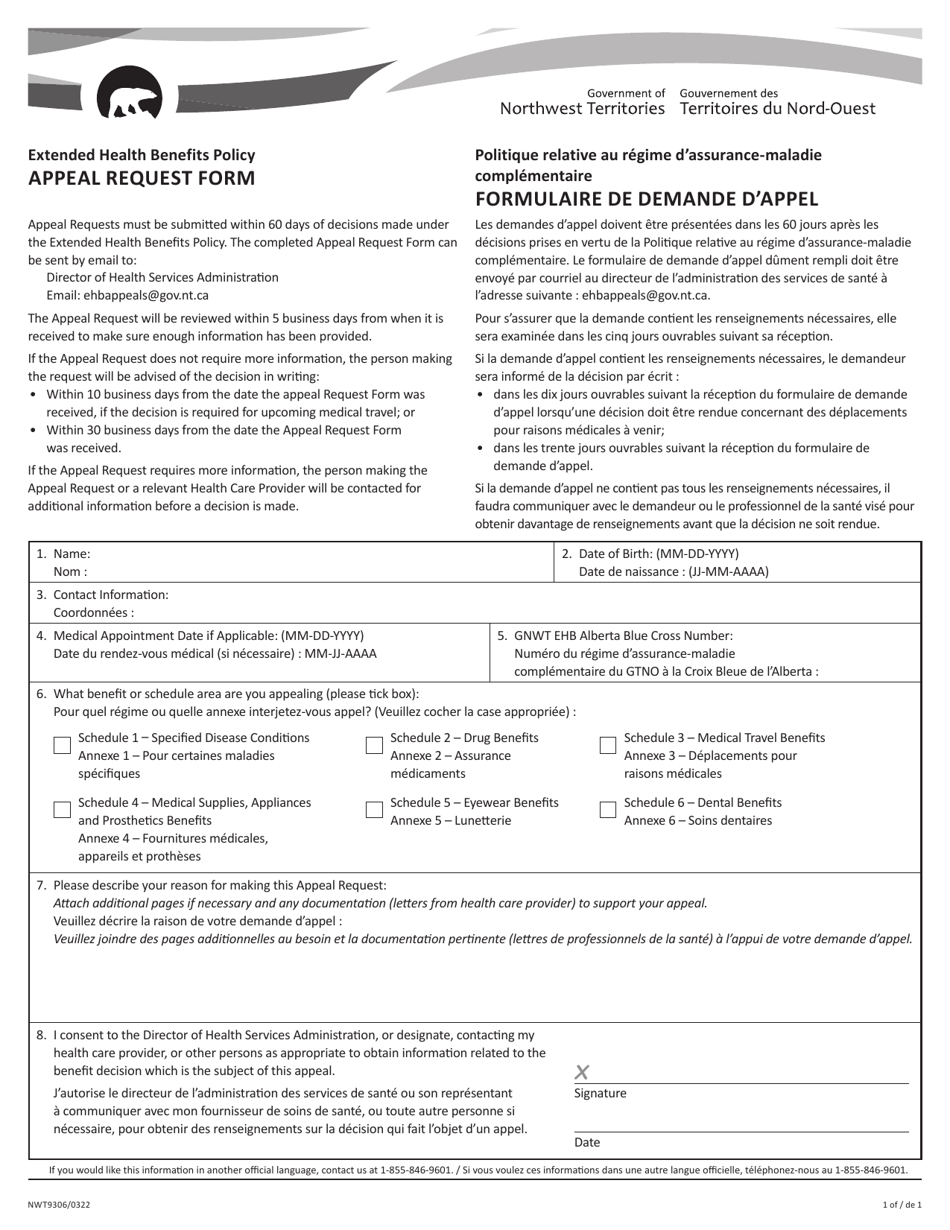 Form NWT9306 Extended Health Benefits Policy Appeal Request Form - Northwest Territories, Canada (English / French), Page 1