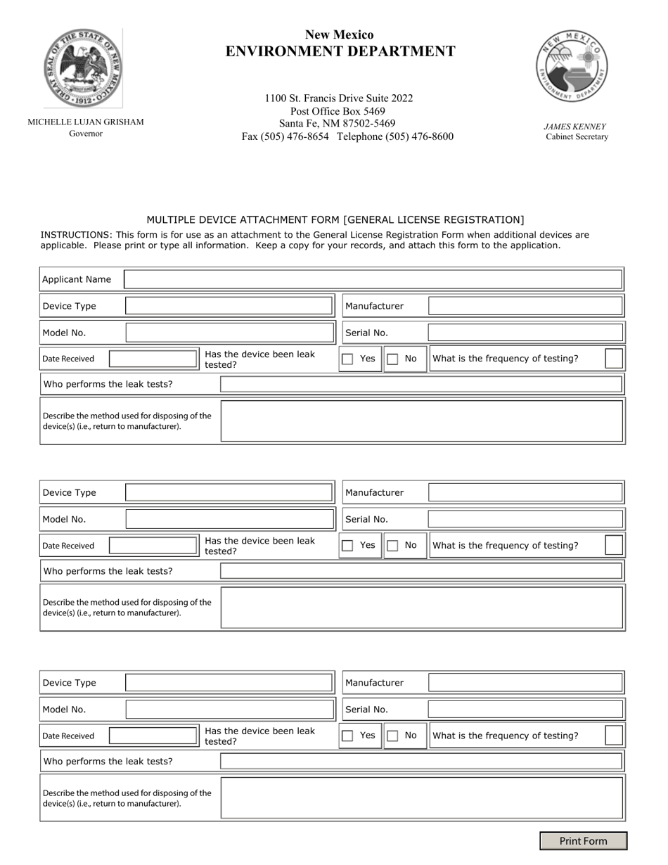 Multiple Device Attachment Form (General License Registration) - New Mexico, Page 1