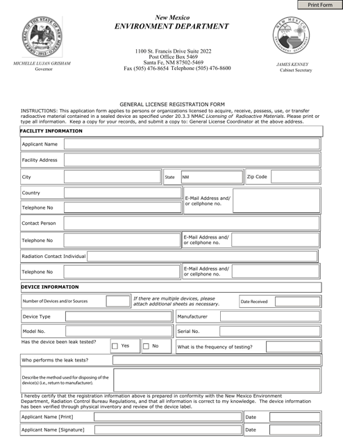 General License Registration Form - New Mexico Download Pdf