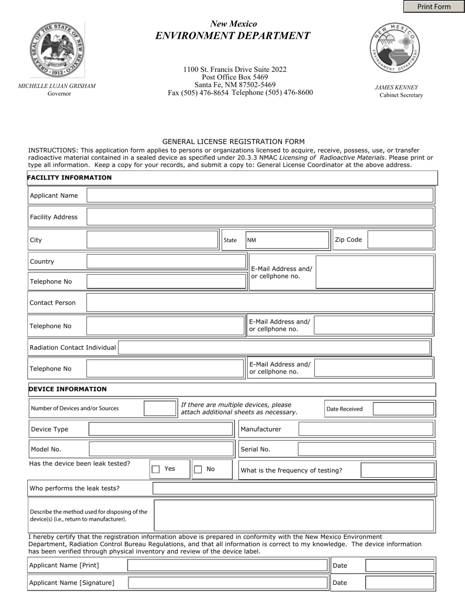 General License Registration Form - New Mexico, Page 1