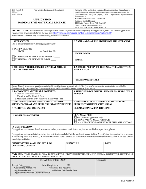 RCB Form 016 Radioactive Materials License Application - New Mexico