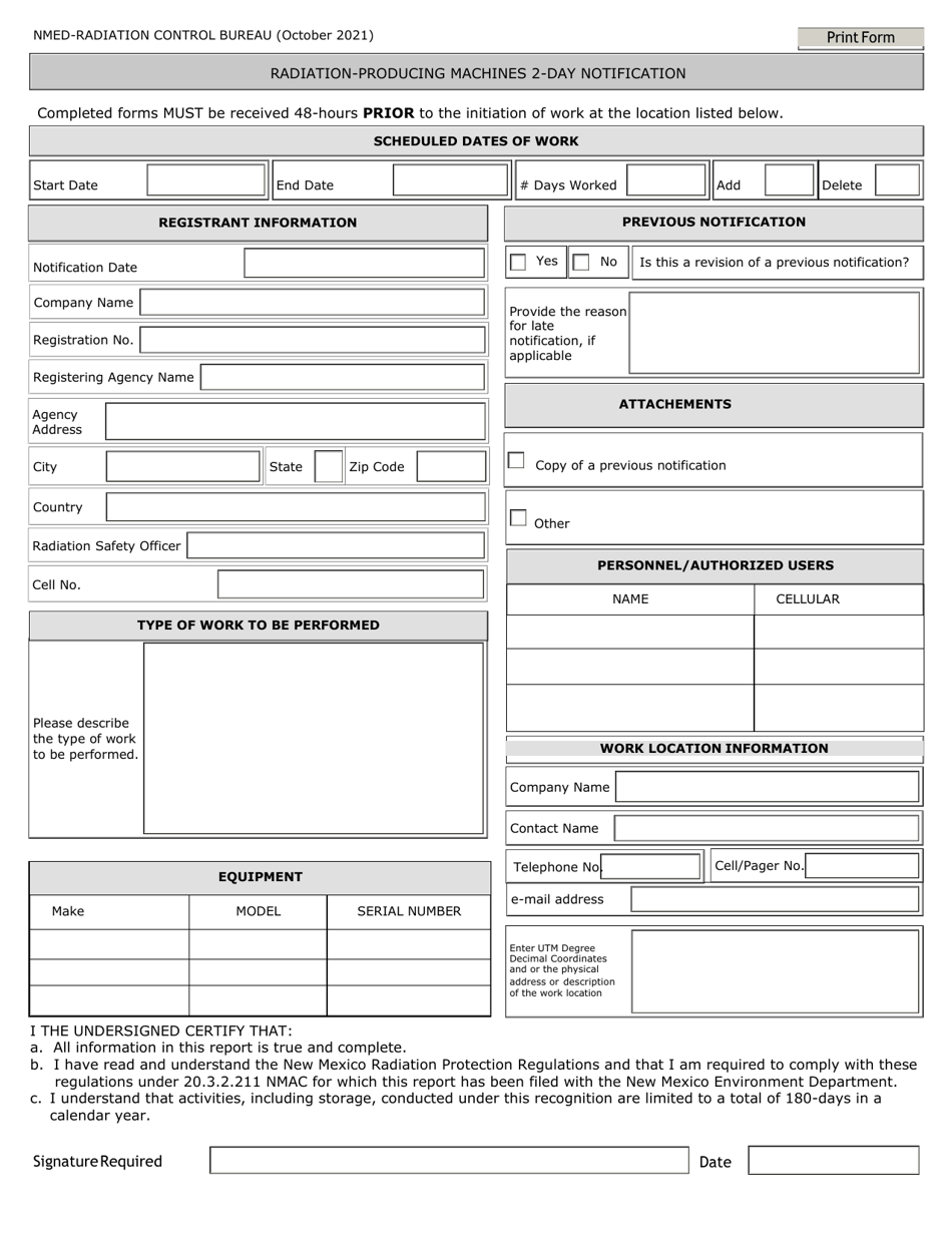 New Mexico RadiationProducing Machines 2day Notification Fill Out, Sign Online and Download
