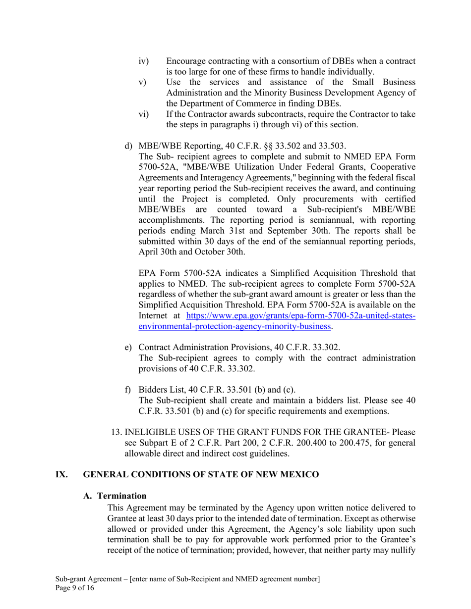 Attachment B Sample Sub-grant Agreement - Federal Clean Water Act Section 604b Grant - New Mexico, Page 10