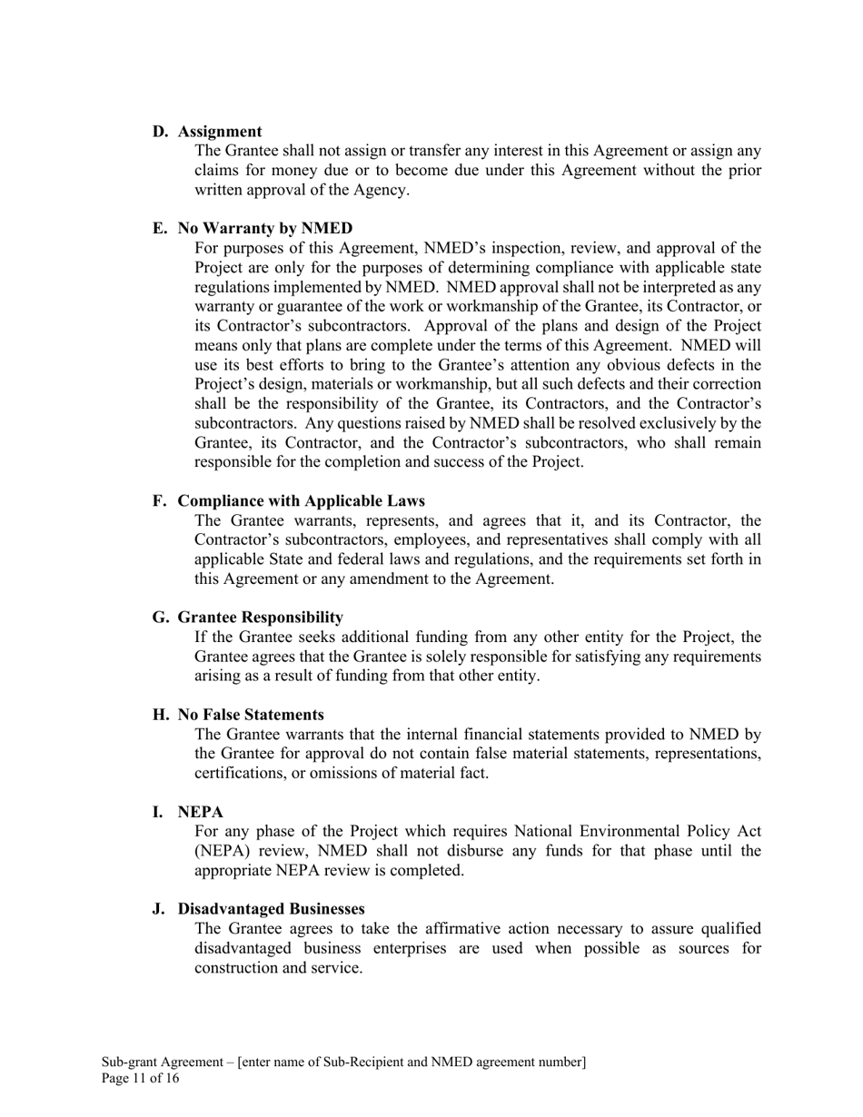 Attachment B Sample Sub-grant Agreement - Federal Clean Water Act Section 604b Grant - New Mexico, Page 12
