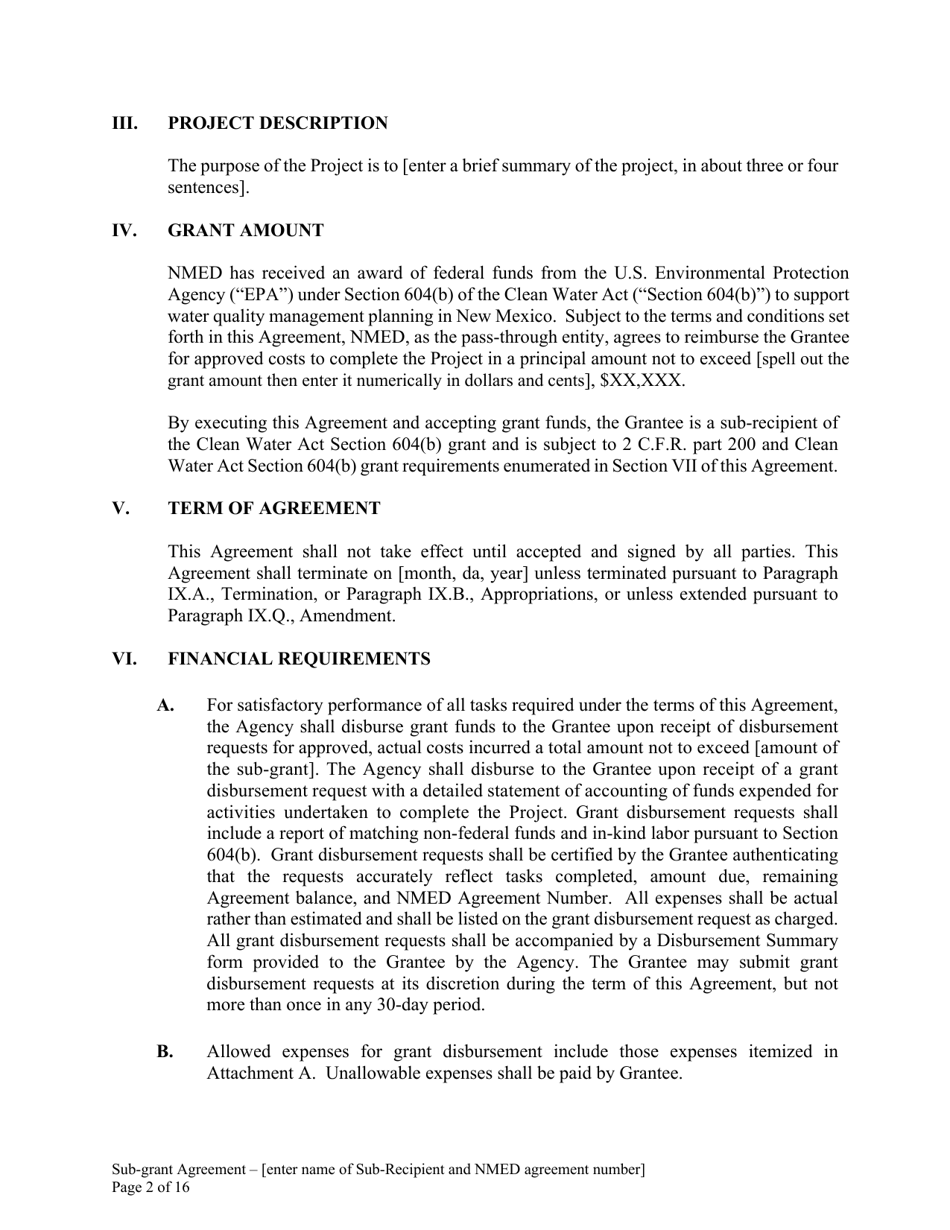 Attachment B Sample Sub-grant Agreement - Federal Clean Water Act Section 604b Grant - New Mexico, Page 3