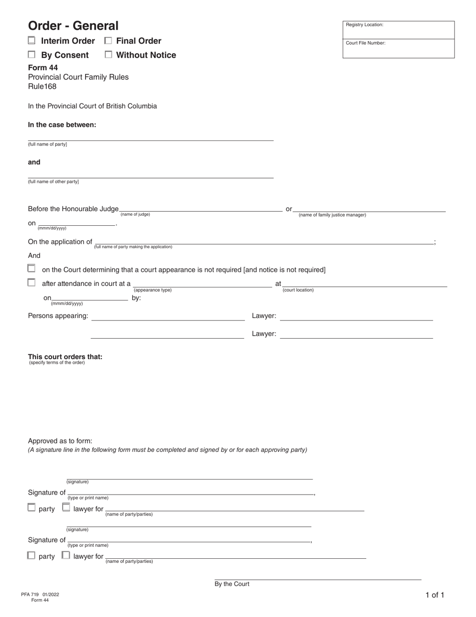 Form 44 (RFA719) Order - General - British Columbia, Canada, Page 1