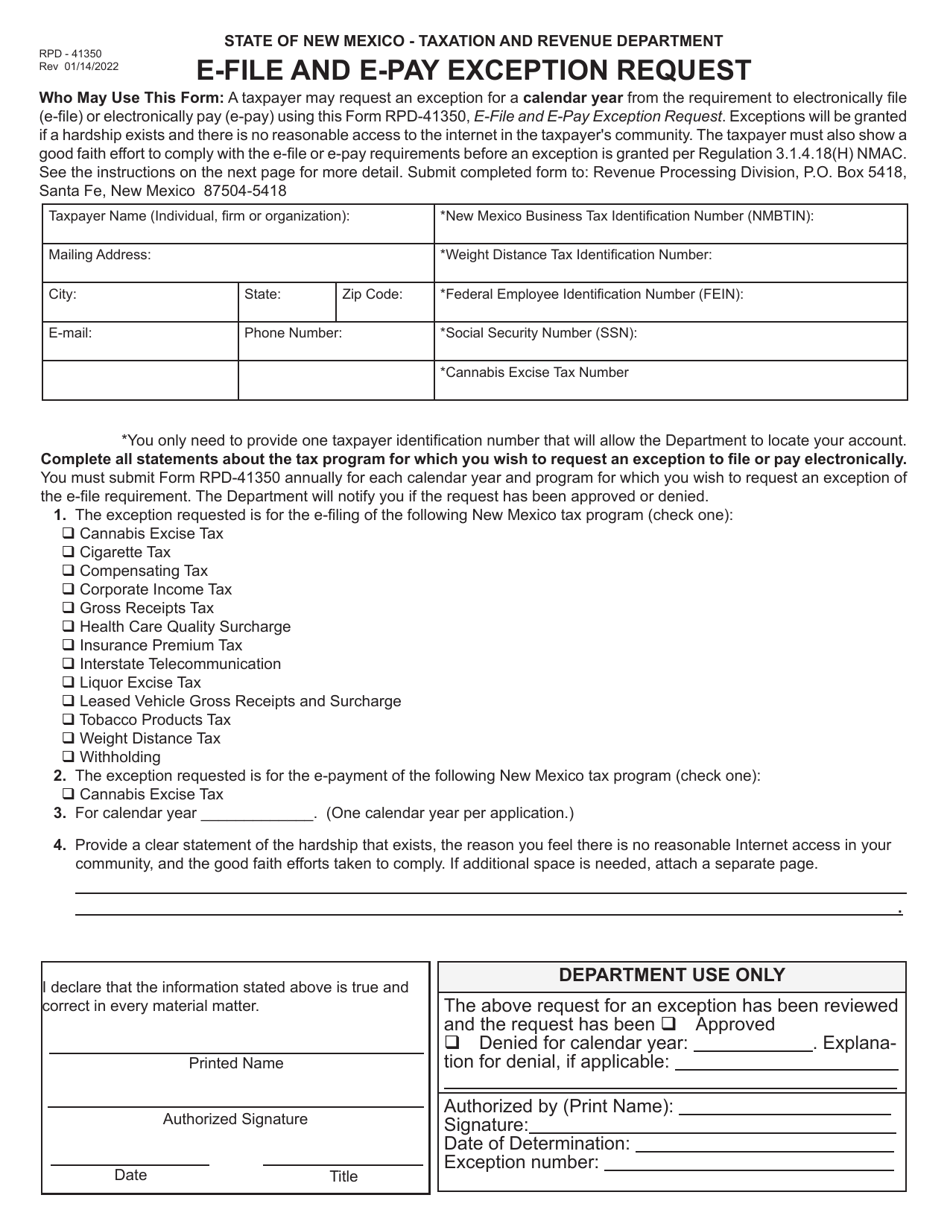 Form RPD-41350 E-File and E-Pay Exception Request - New Mexico, Page 1