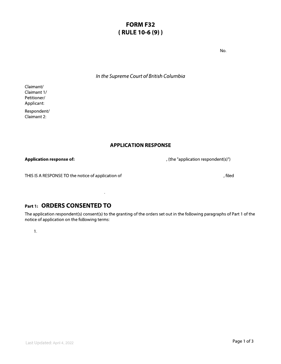 Form F32 Application Response - British Columbia, Canada, Page 1