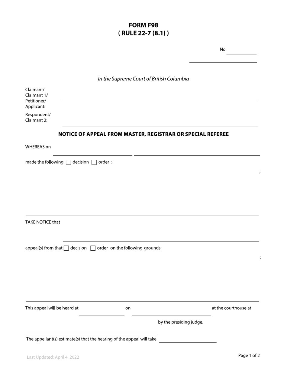 Form F98 Notice of Appeal From Master, Registrar or Special Referee - British Columbia, Canada, Page 1