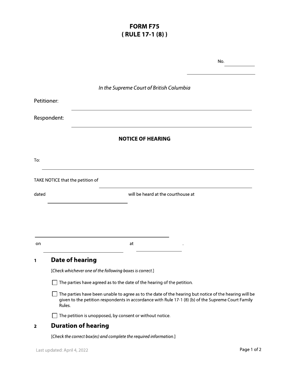 Form F75 Notice of Hearing - British Columbia, Canada, Page 1