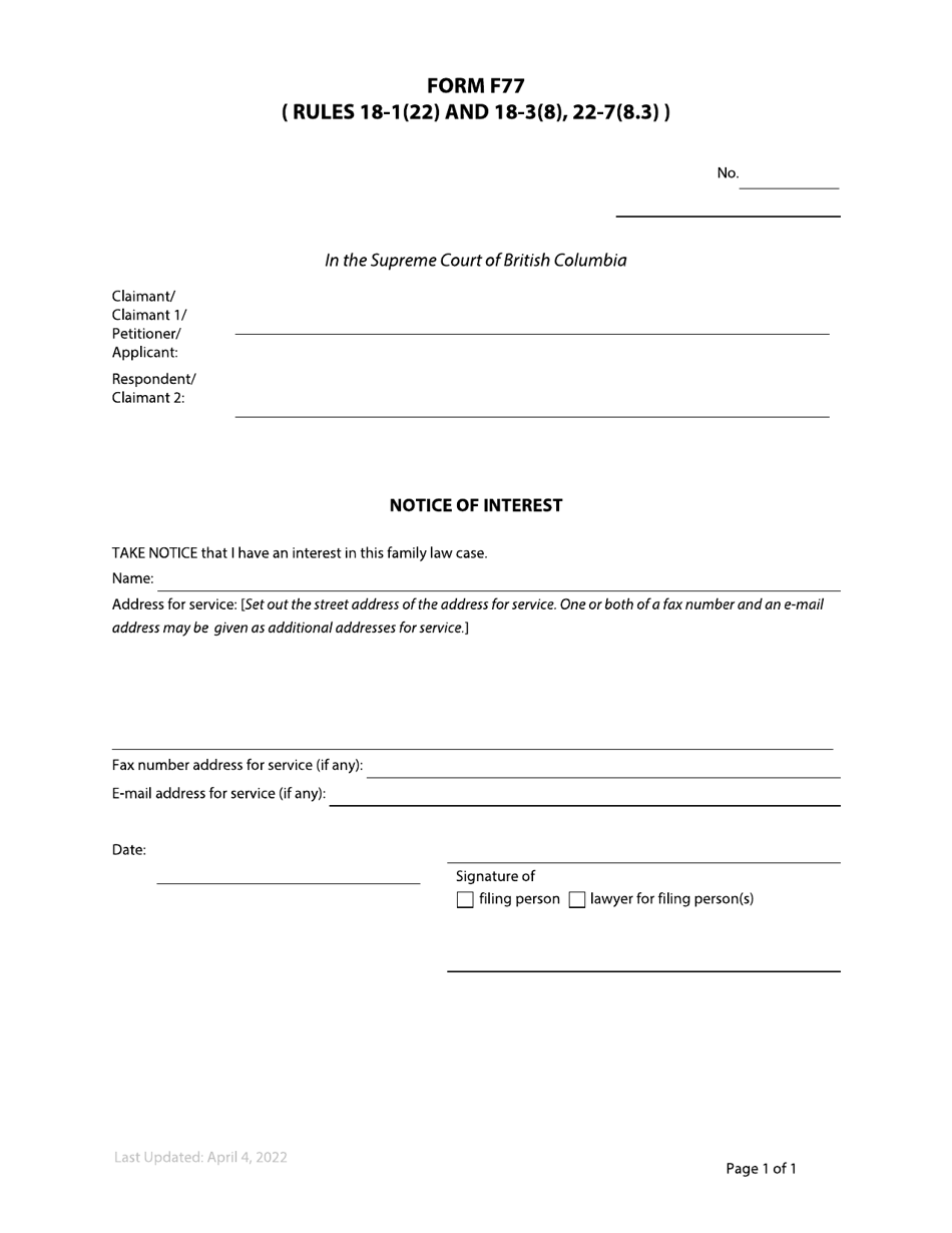 Form F77 Download Fillable PDF or Fill Online Notice of Interest ...