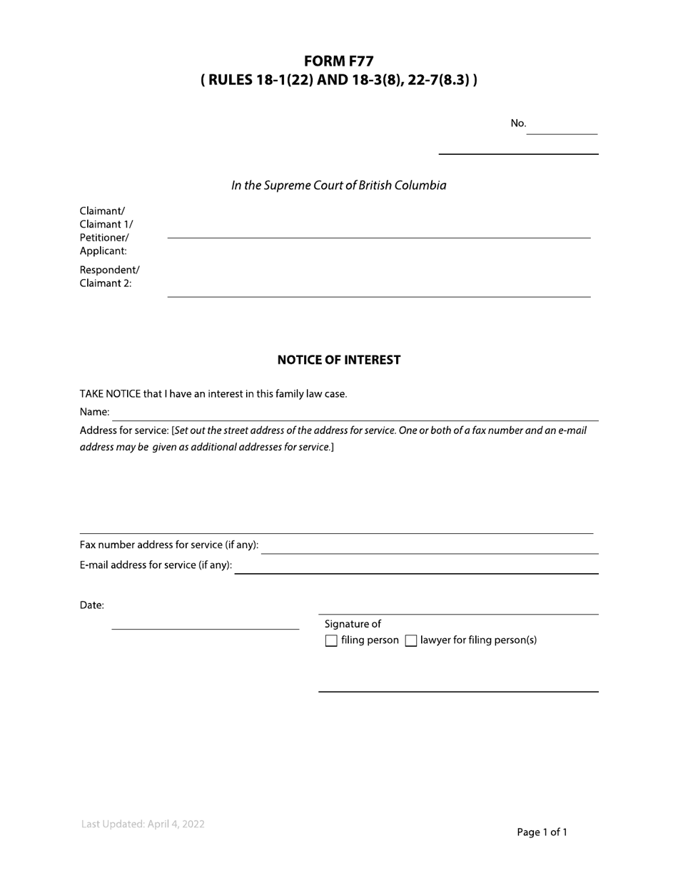 Form F77 Notice of Interest - British Columbia, Canada, Page 1