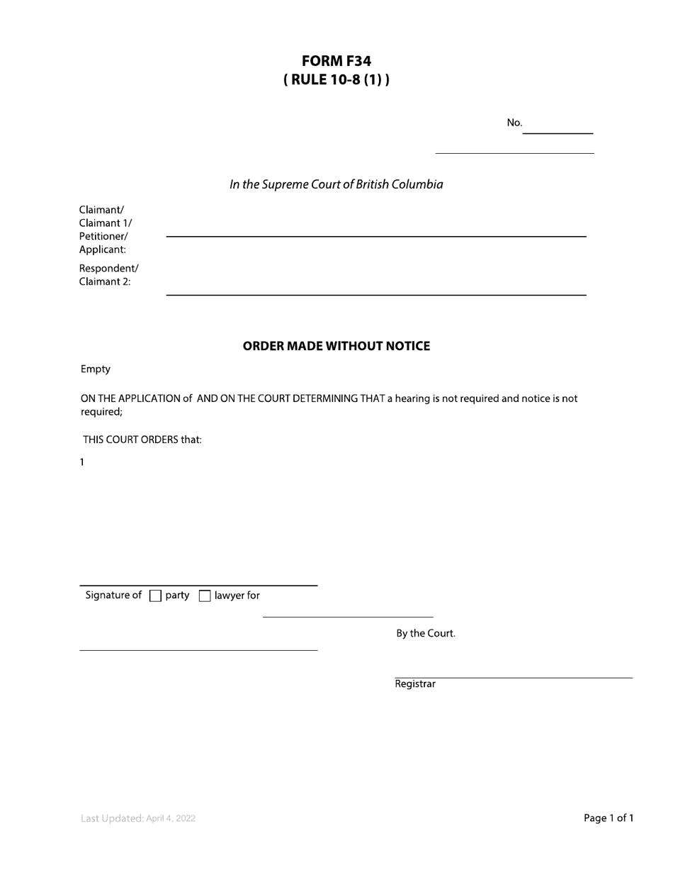 Form F34 Order Made Without Notice - British Columbia, Canada, Page 1