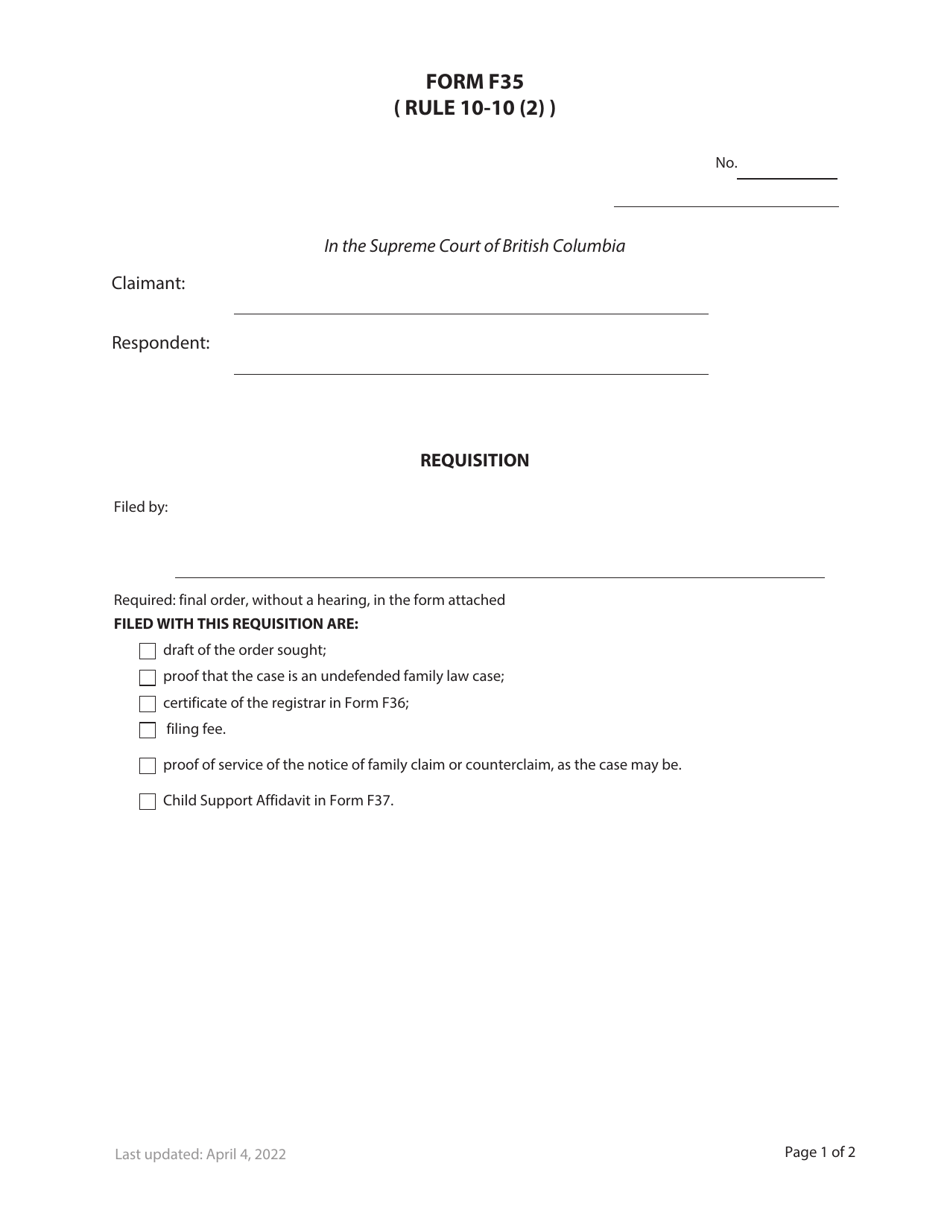 Form F35 Requisition - British Columbia, Canada, Page 1