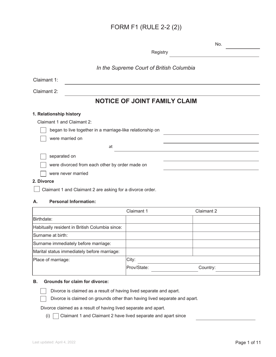Form F1 Notice of Joint Family Claim - British Columbia, Canada, Page 1