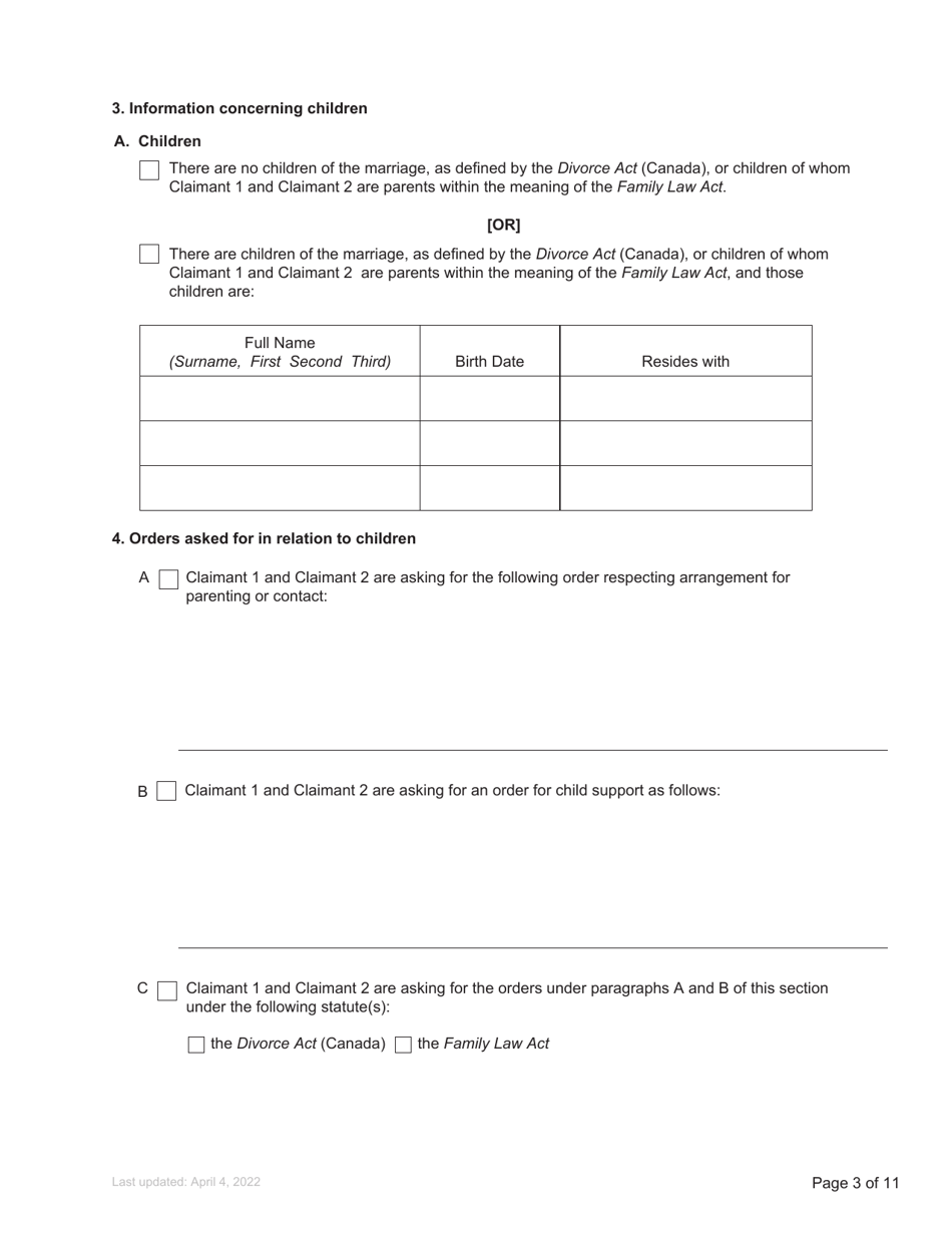 Form F1 Notice of Joint Family Claim - British Columbia, Canada, Page 3