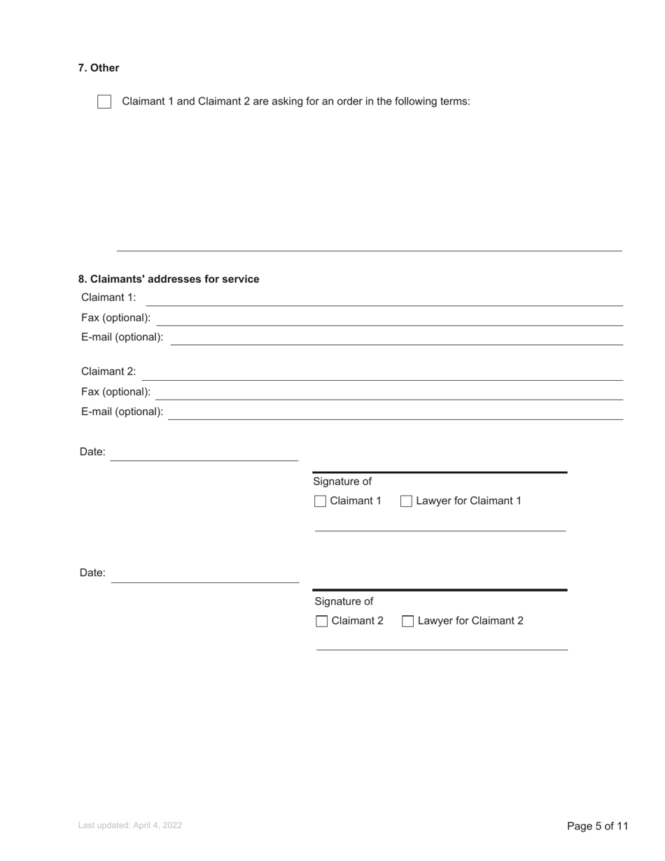 Form F1 Notice of Joint Family Claim - British Columbia, Canada, Page 5