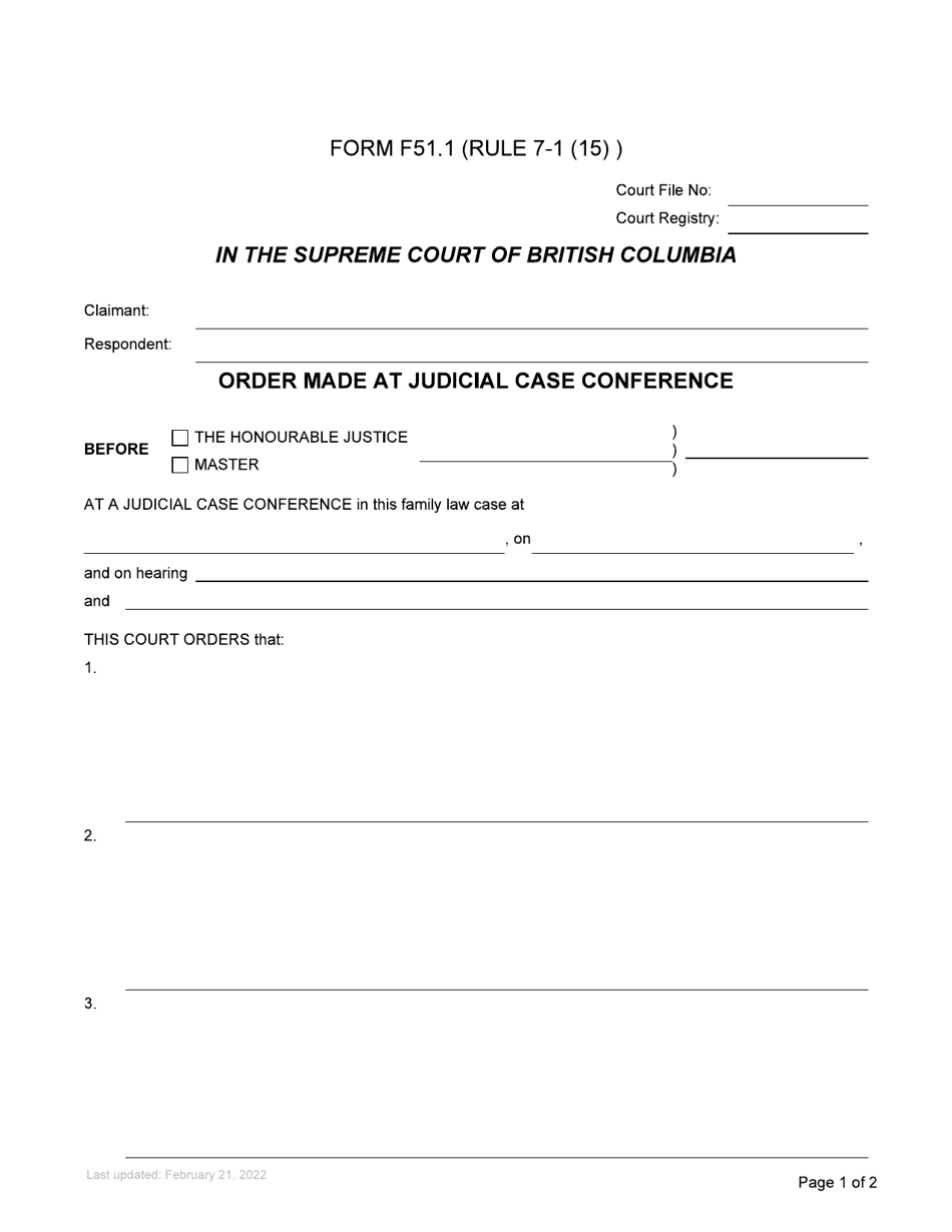 Form F51.1 Order Made at Judicial Case Conference - British Columbia, Canada, Page 1