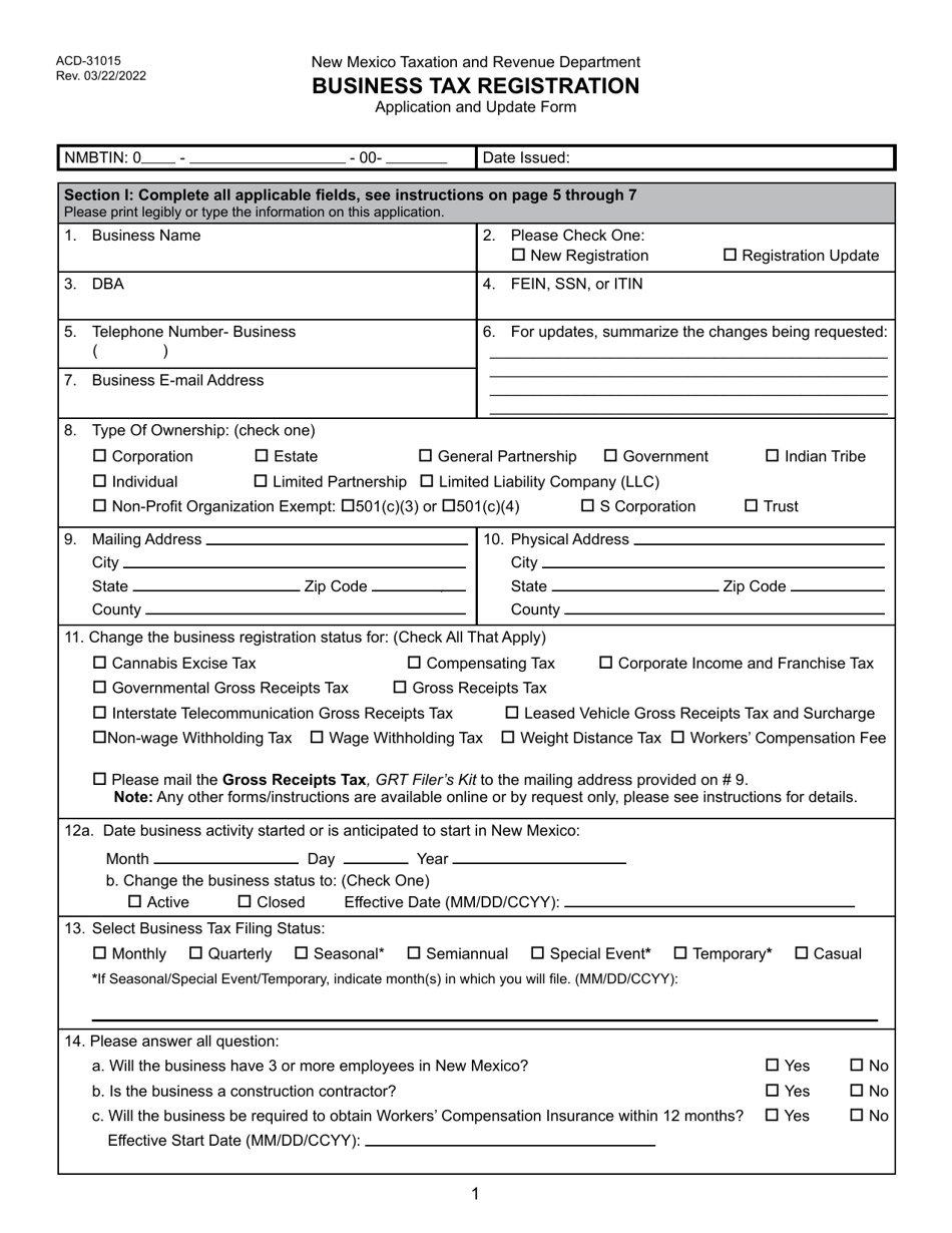 Form ACD-31015 Business Tax Registration Application and Update Form - New Mexico, Page 1