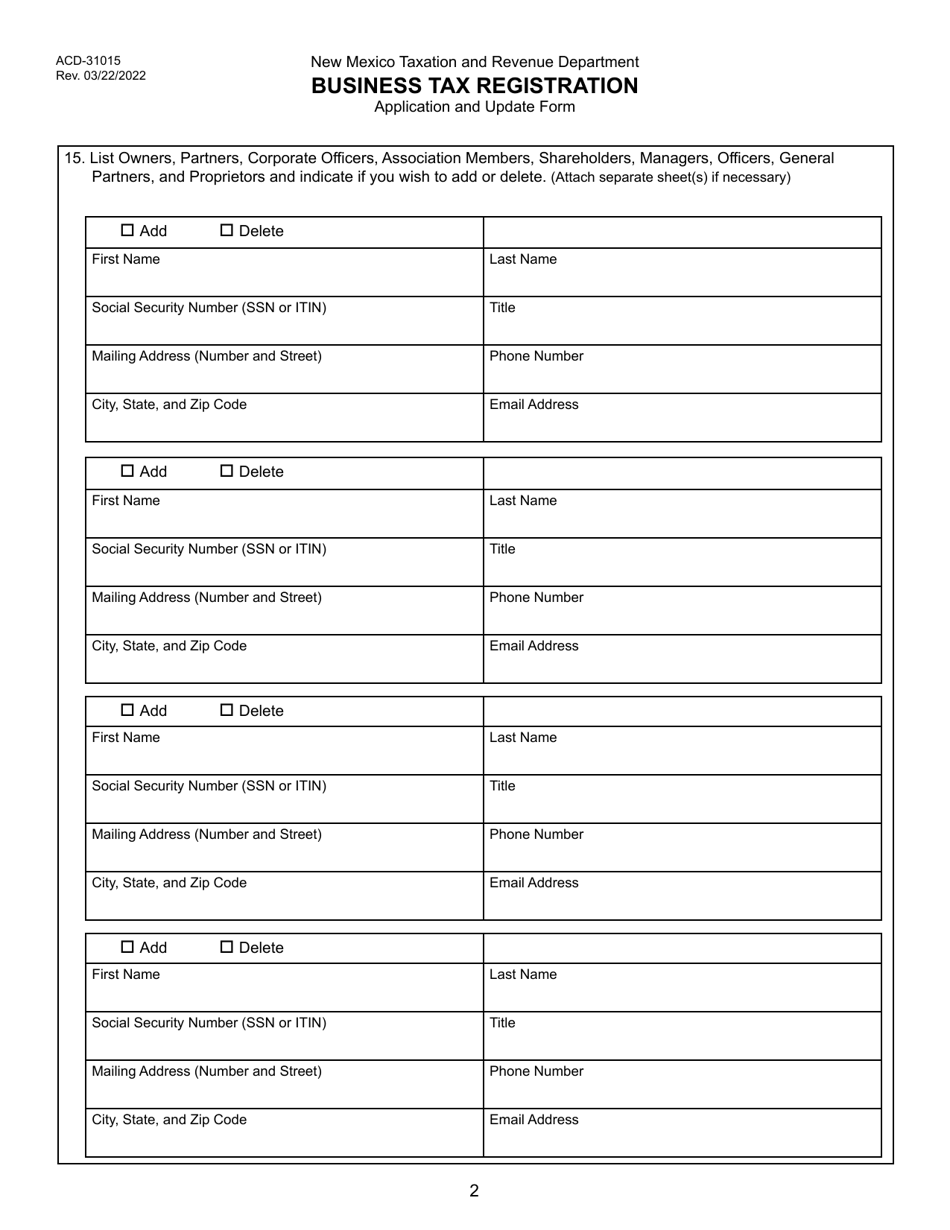 Form Acd 31015 Download Fillable Pdf Or Fill Online Business Tax Registration Application And 1430