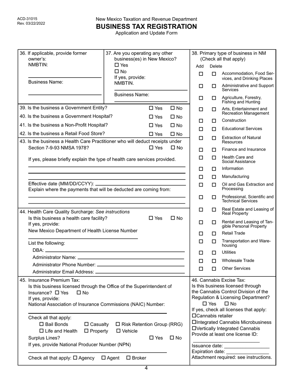 Form ACD-31015 Business Tax Registration Application and Update Form - New Mexico, Page 4