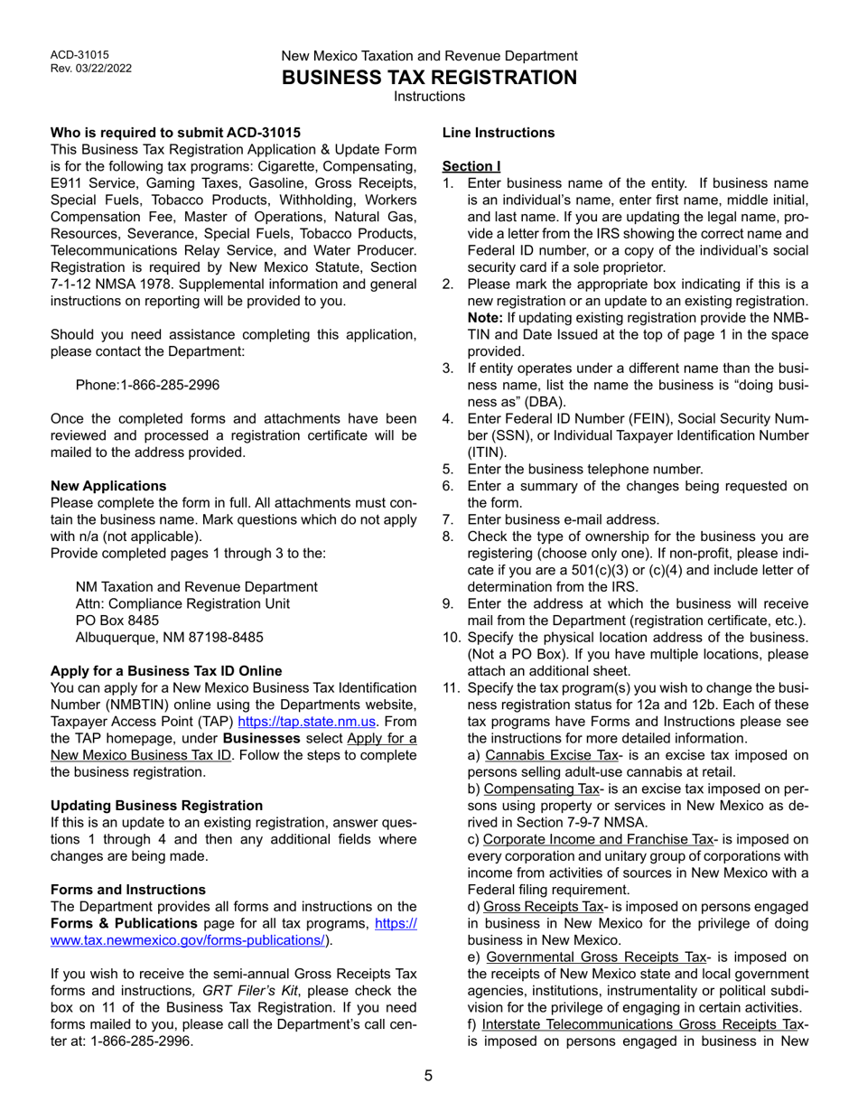 Form Acd 31015 Download Fillable Pdf Or Fill Online Business Tax Registration Application And 9524