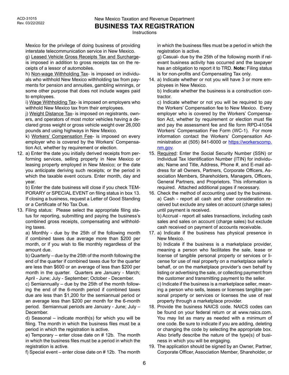 Form ACD-31015 Business Tax Registration Application and Update Form - New Mexico, Page 6