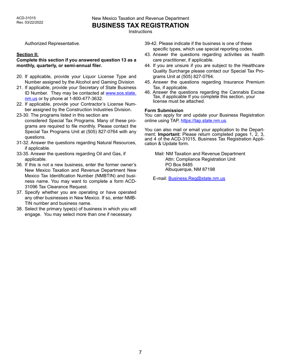 Form ACD-31015 Business Tax Registration Application and Update Form - New Mexico, Page 7