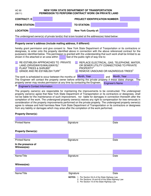 Form HC90 Permission to Perform Contract Work on Private Land - New York
