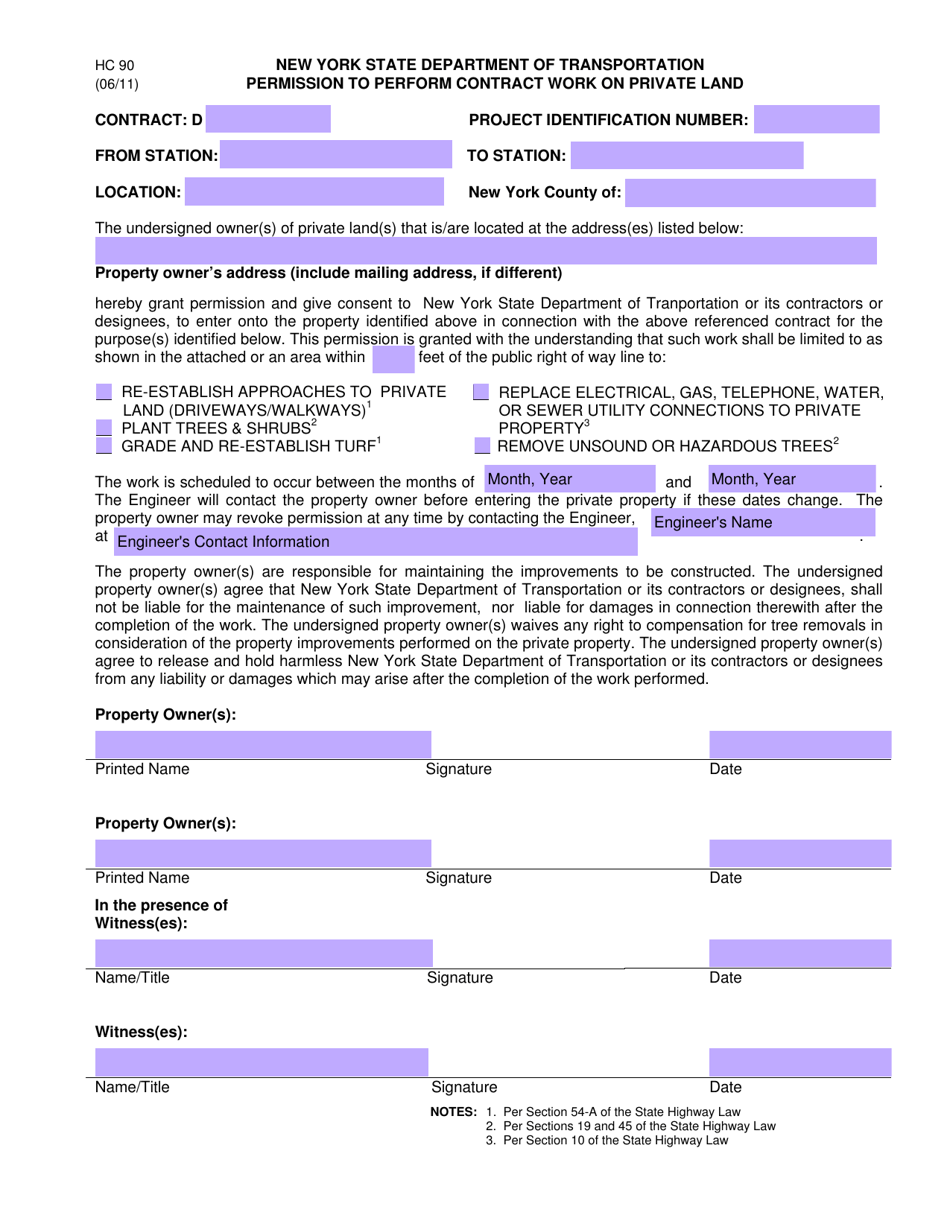 Form HC90 Permission to Perform Contract Work on Private Land - New York, Page 1