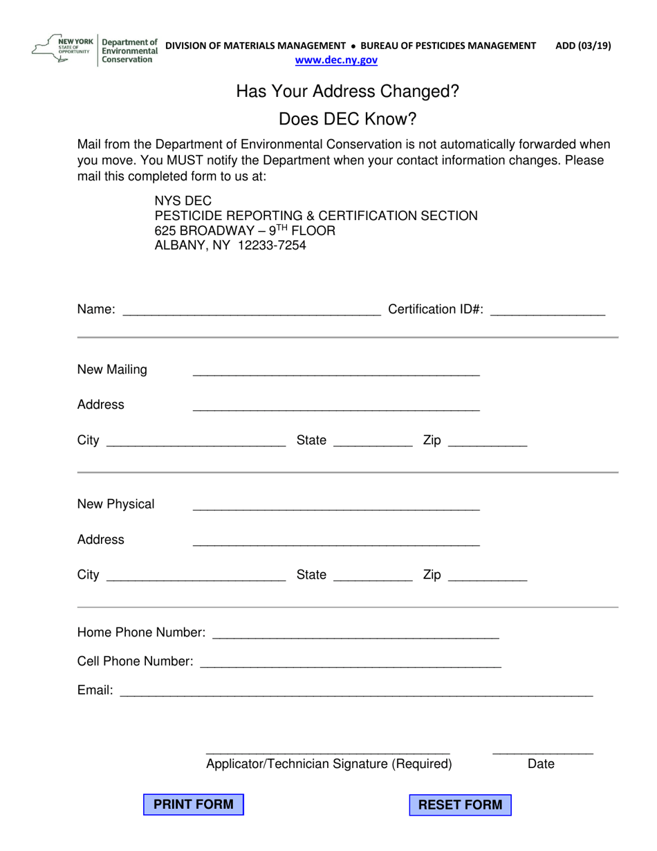 Form ADD Pesticides Address Change Form - New York, Page 1