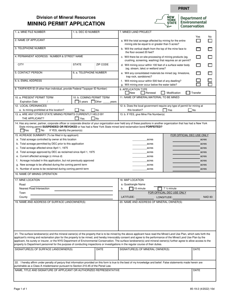 Form 85-19-2 Mining Permit Application - New York, Page 1